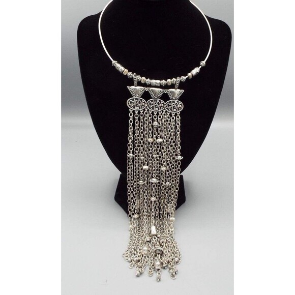 Chico's Silver Tone Boho Goddess Chain Hanging Fringe Wire Collar Necklace - Picture 1 of 5